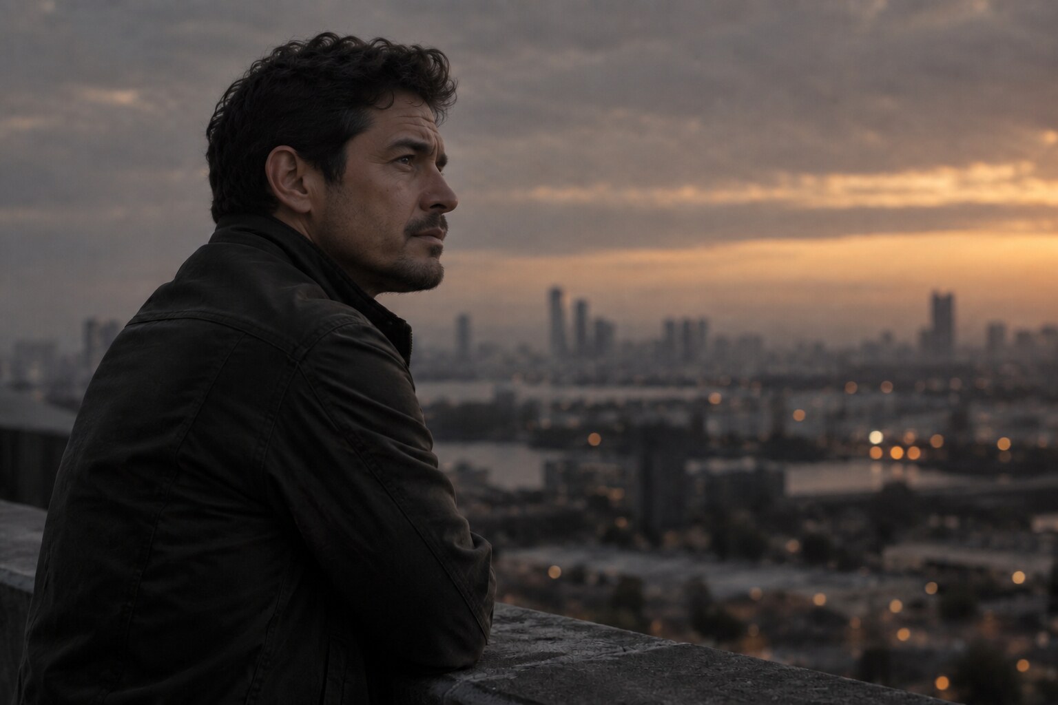 A man looking toward a distant city horizon