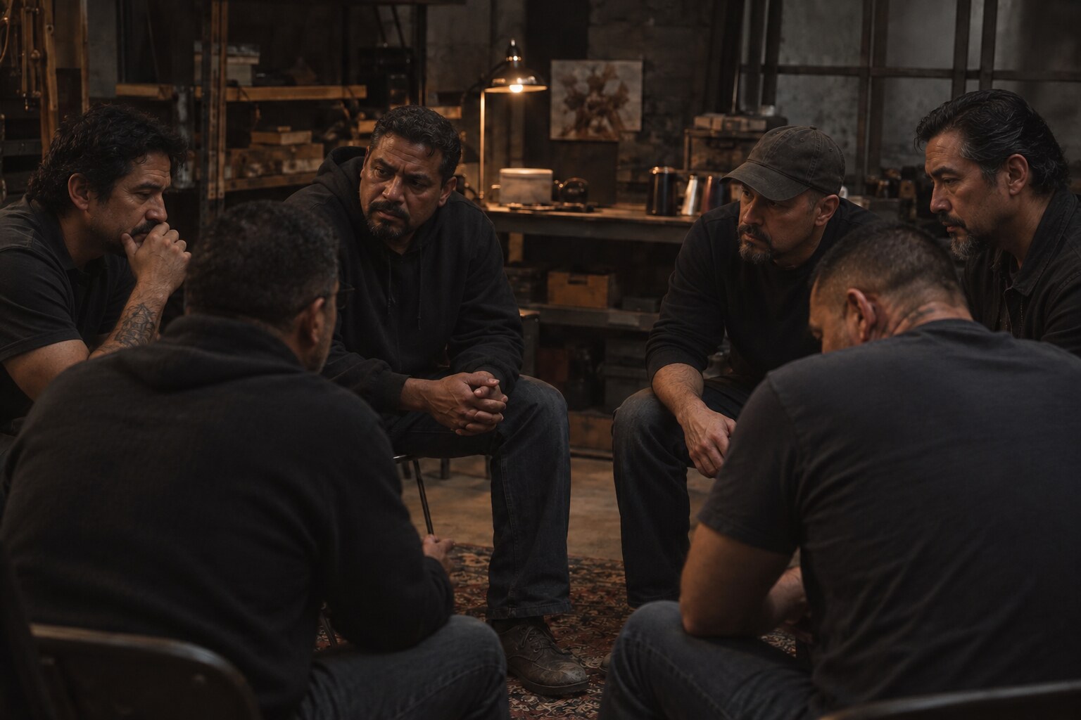 Men gathered in serious discussion