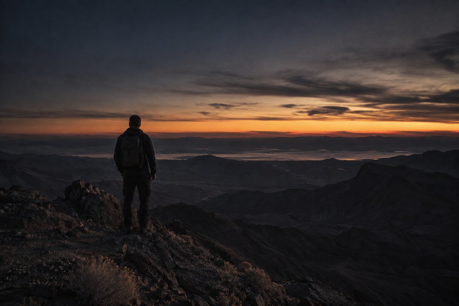 A man standing on a ridge, facing the horizon